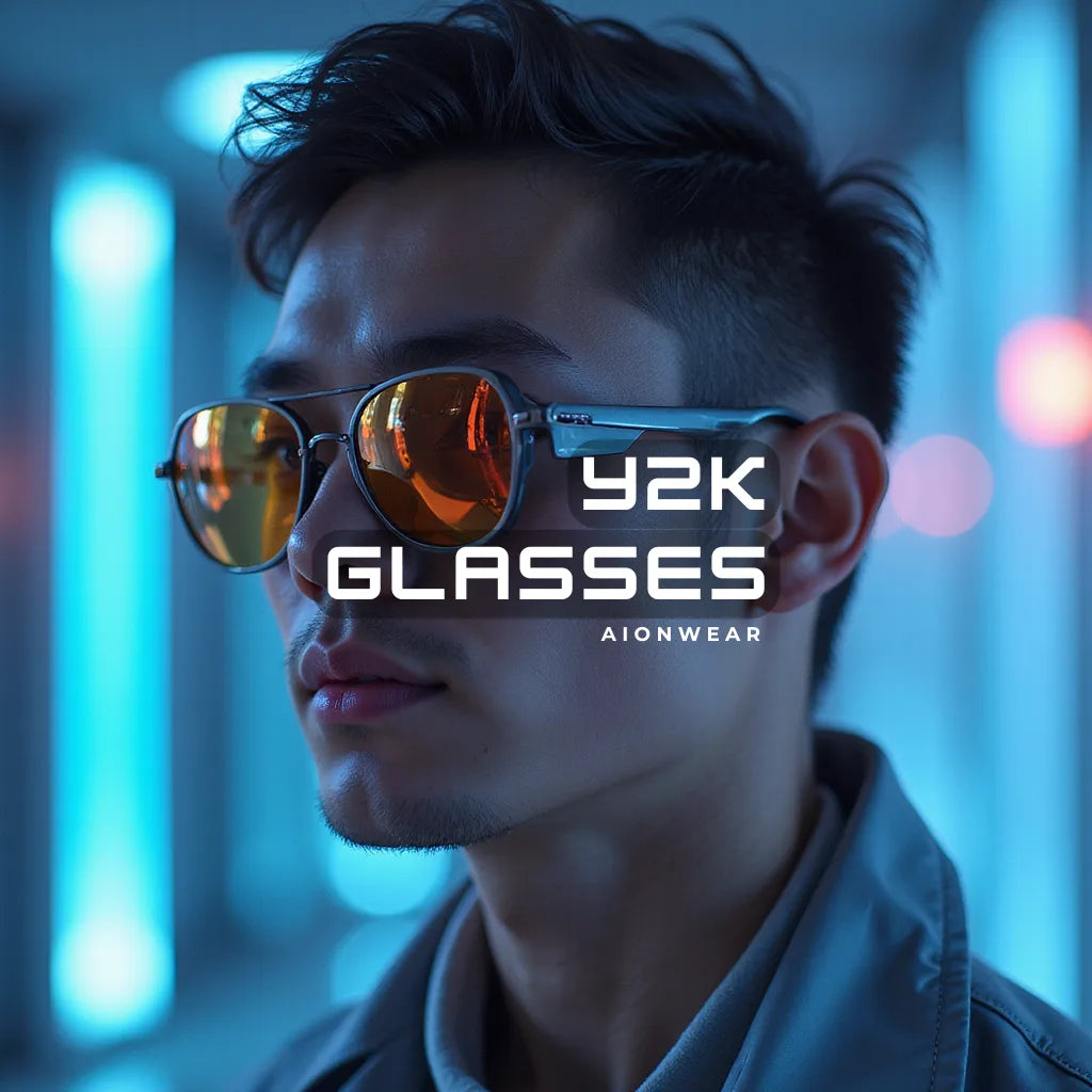 Person wearing reflective sunglasses with 'Y2K GLASSES' text and brand name 'AIONWEAR'