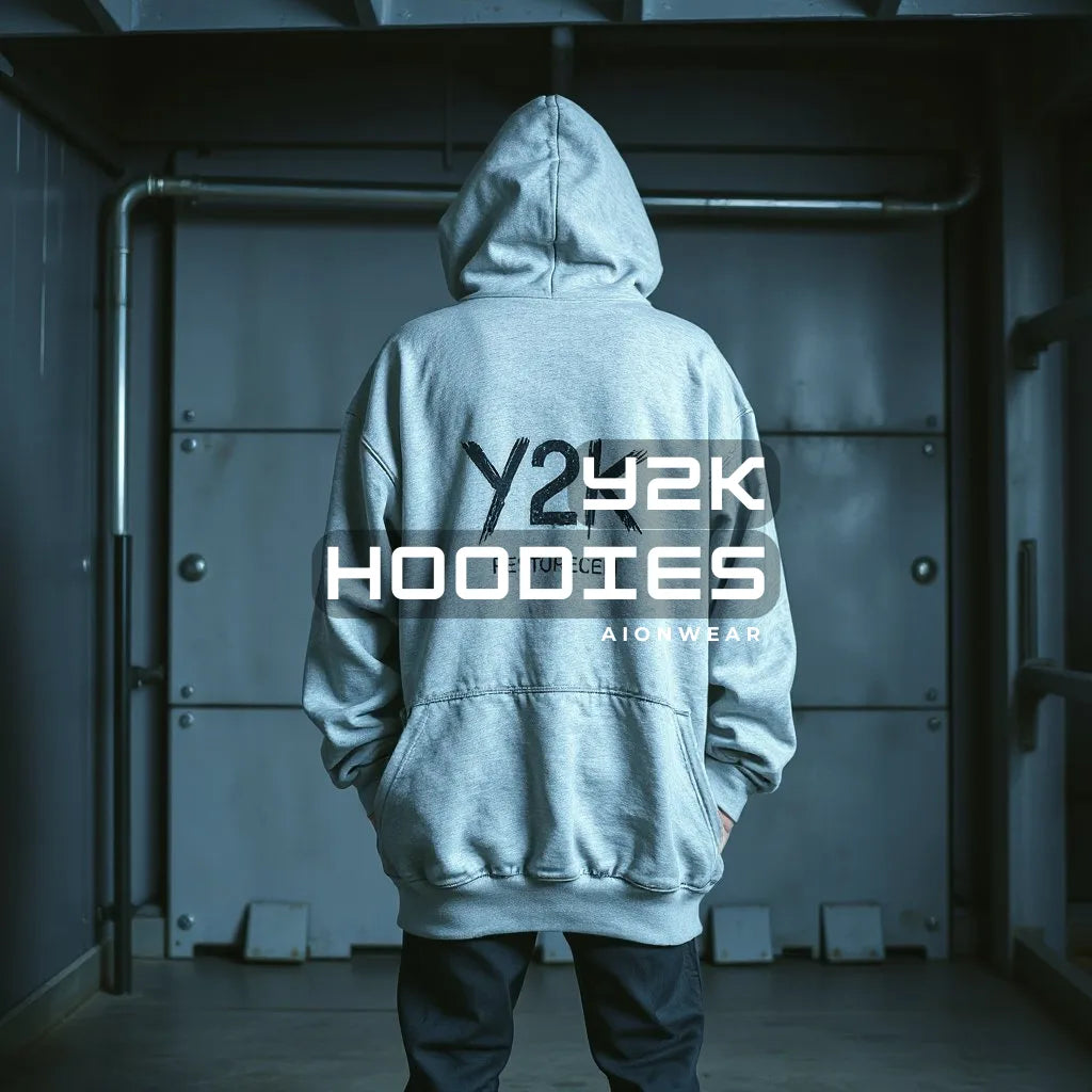 Person wearing a gray hoodie with 'Y2K HOODIES' branding in a dimly lit industrial setting.