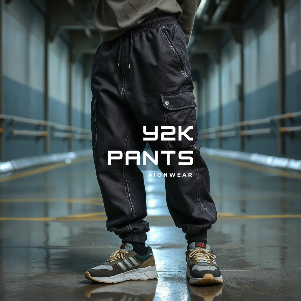 Person wearing black cargo pants with 'Y2K Pants' branding in a warehouse setting.