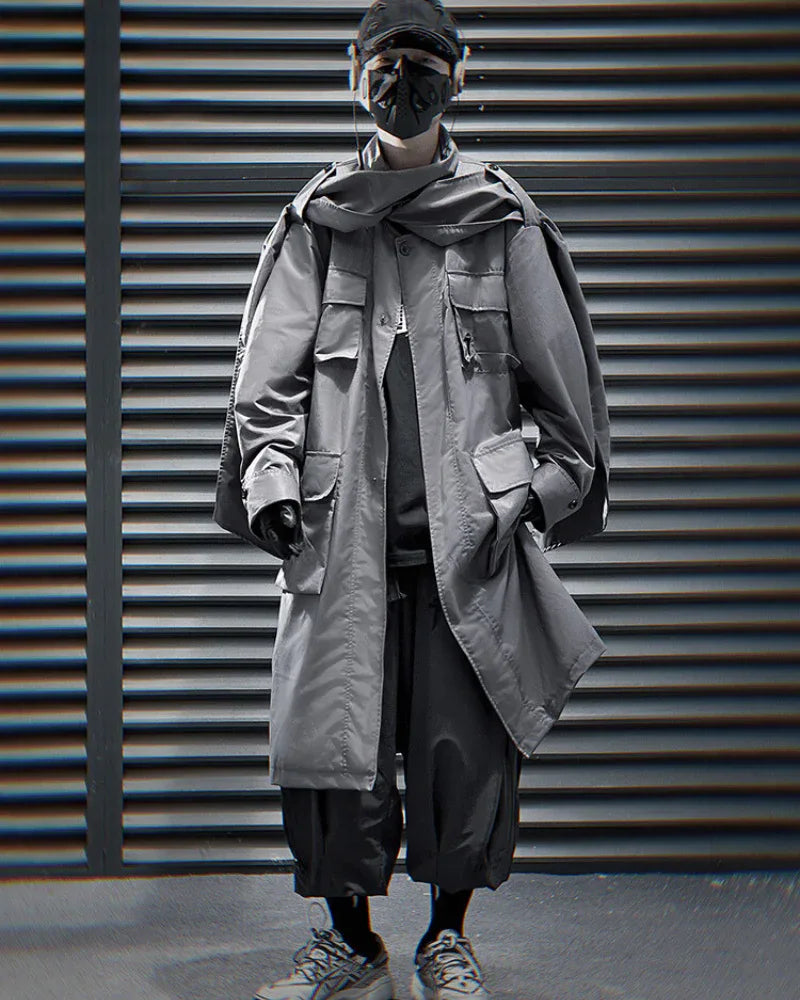 All-in-One Scarf Coat - functional outerwear - Stylish Multi-Pocket Long Windbreaker Coat