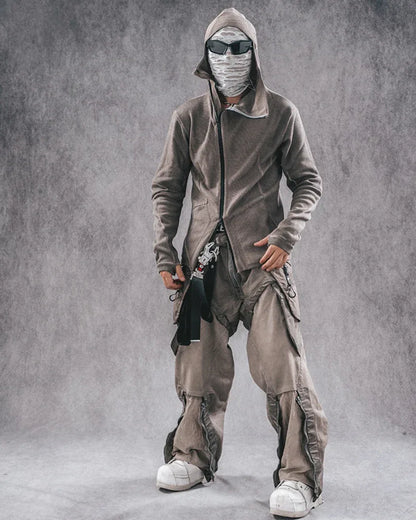 All-Season Zip-Up Hoodie -  cyberpunk hoodie - Futuristic Brown Zip-Up Hoodie for Everyday Wear