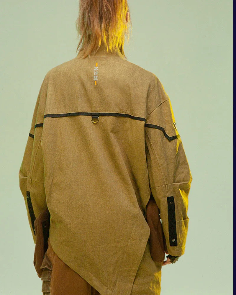 Asymmetrical Sandstone Futuristic Jacket -  baggy jeans with techwear