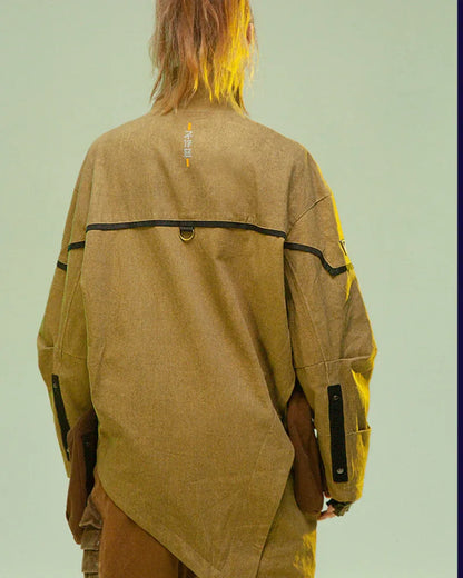 Asymmetrical Sandstone Futuristic Jacket -  baggy jeans with techwear