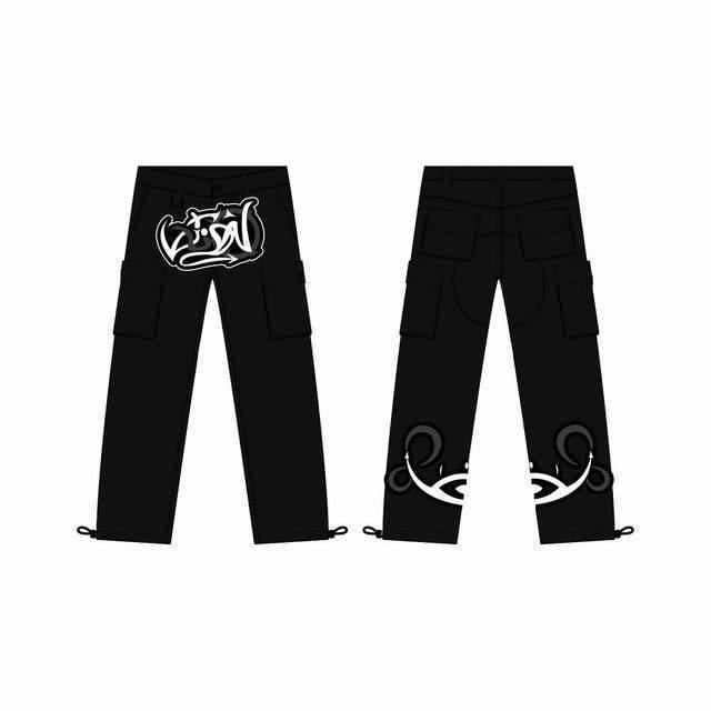 Black cargo graffiti -  fashion - Trendy Black Cargo Graffiti Pants for Streetwear
