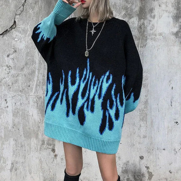 Blue flame knit sweater - trendy y2k style - Bold Blue Flame Knit Sweater for Y2K Style