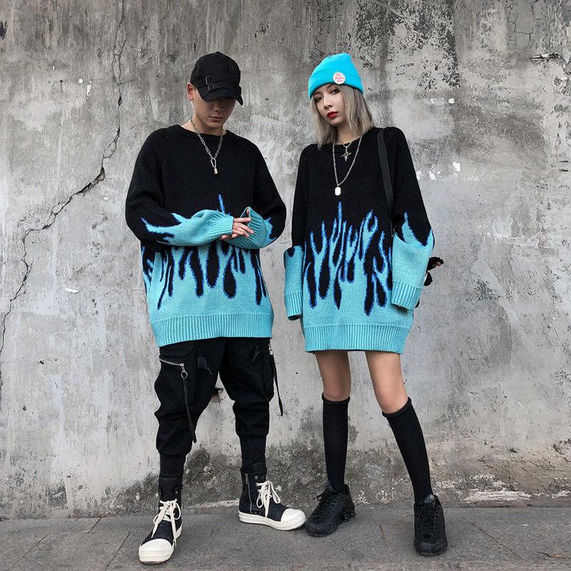 Blue flame knit sweater - y2k-core - Bold Blue Flame Knit Sweater for Y2K Style