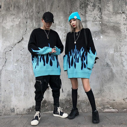 Blue flame knit sweater - y2k-core - Bold Blue Flame Knit Sweater for Y2K Style