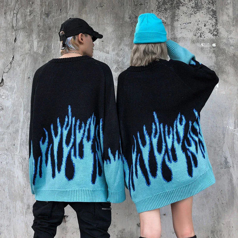Blue flame knit sweater -  breathable fabric - Bold Blue Flame Knit Sweater for Y2K Style
