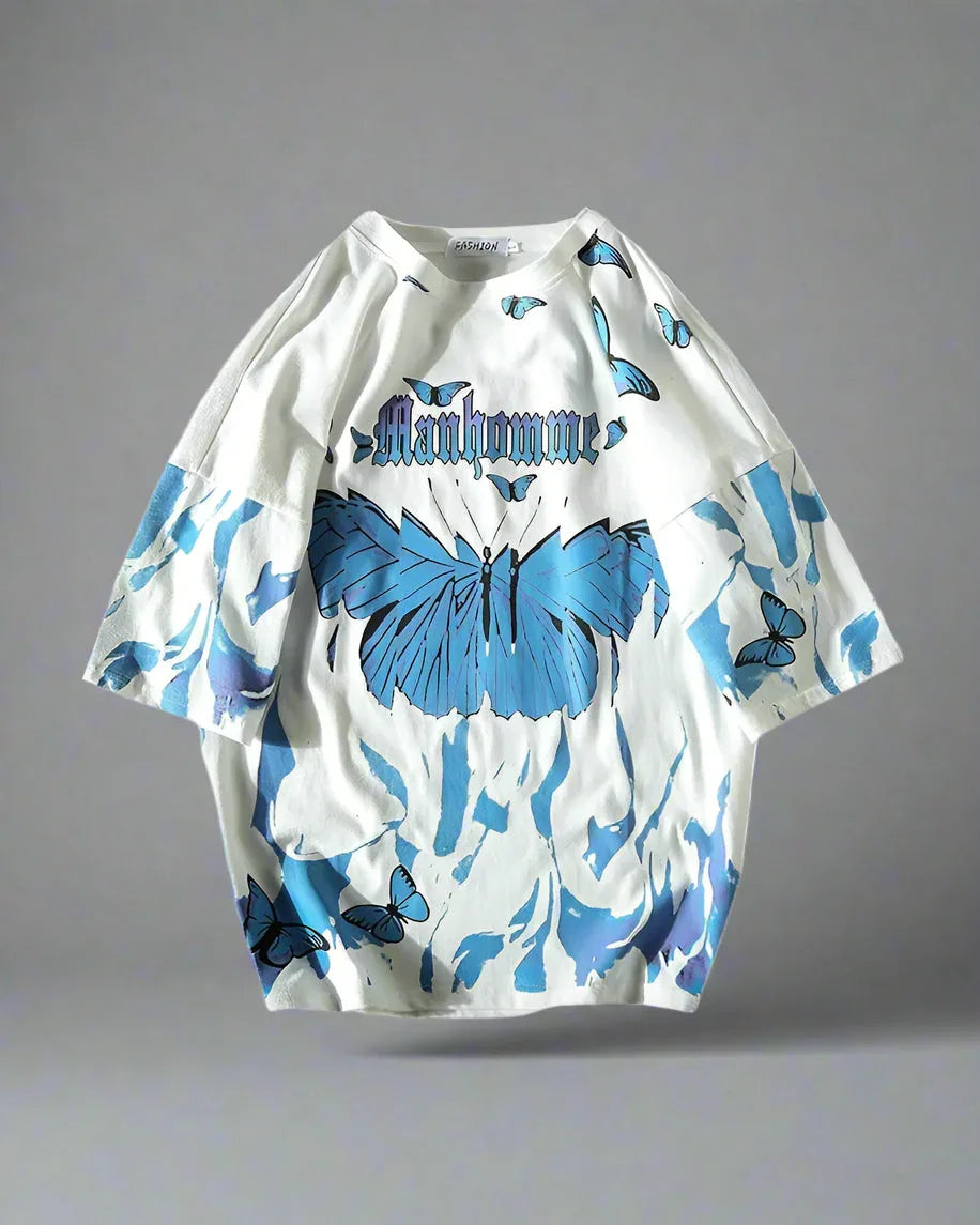 Bold Butterfly Street Style Tee - oversized techwear t-shirt - Oversized Butterfly Print T-Shirt for Street Style