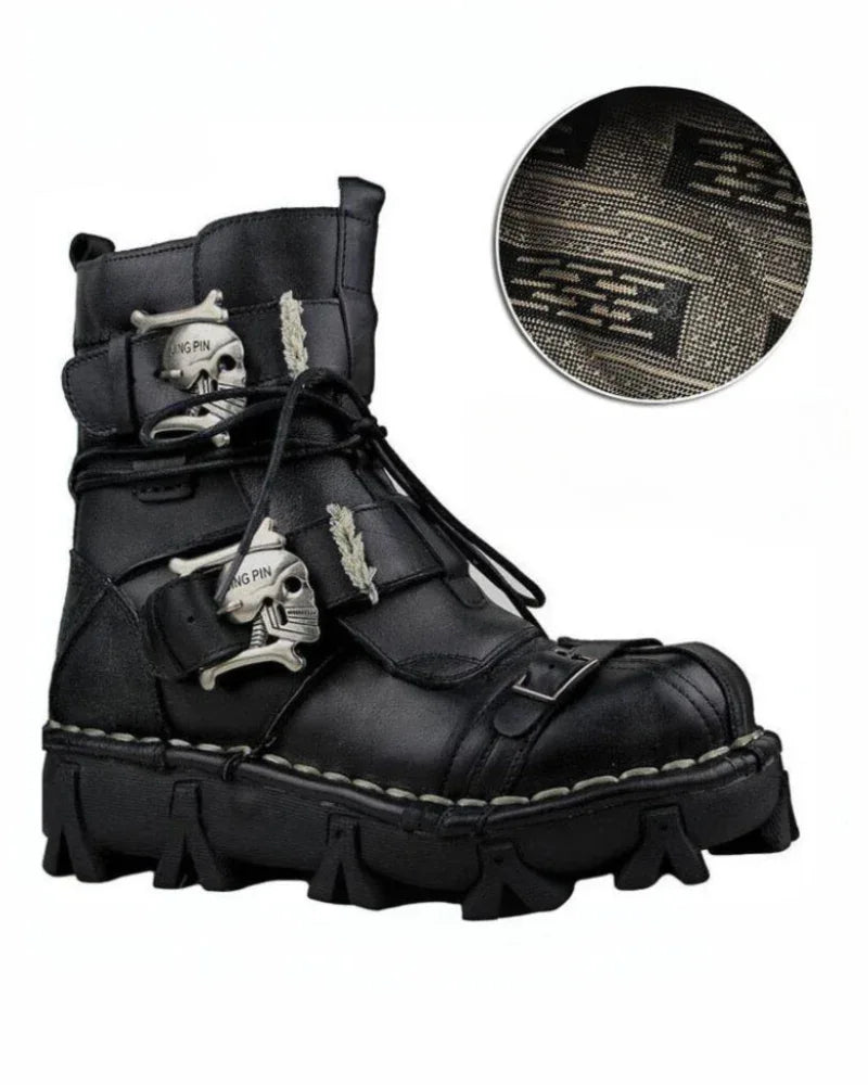 Bold Skull Biker Boots -  top grain leather boots - Skull Design Biker Boots for Unisex Riders