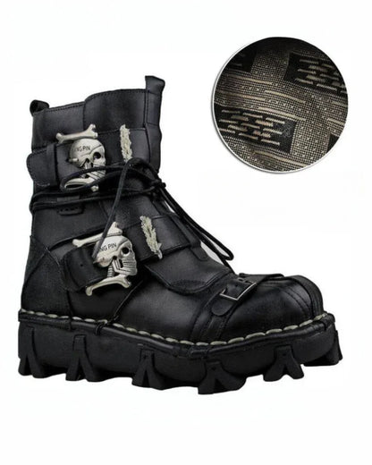 Bold Skull Biker Boots -  top grain leather boots - Skull Design Biker Boots for Unisex Riders