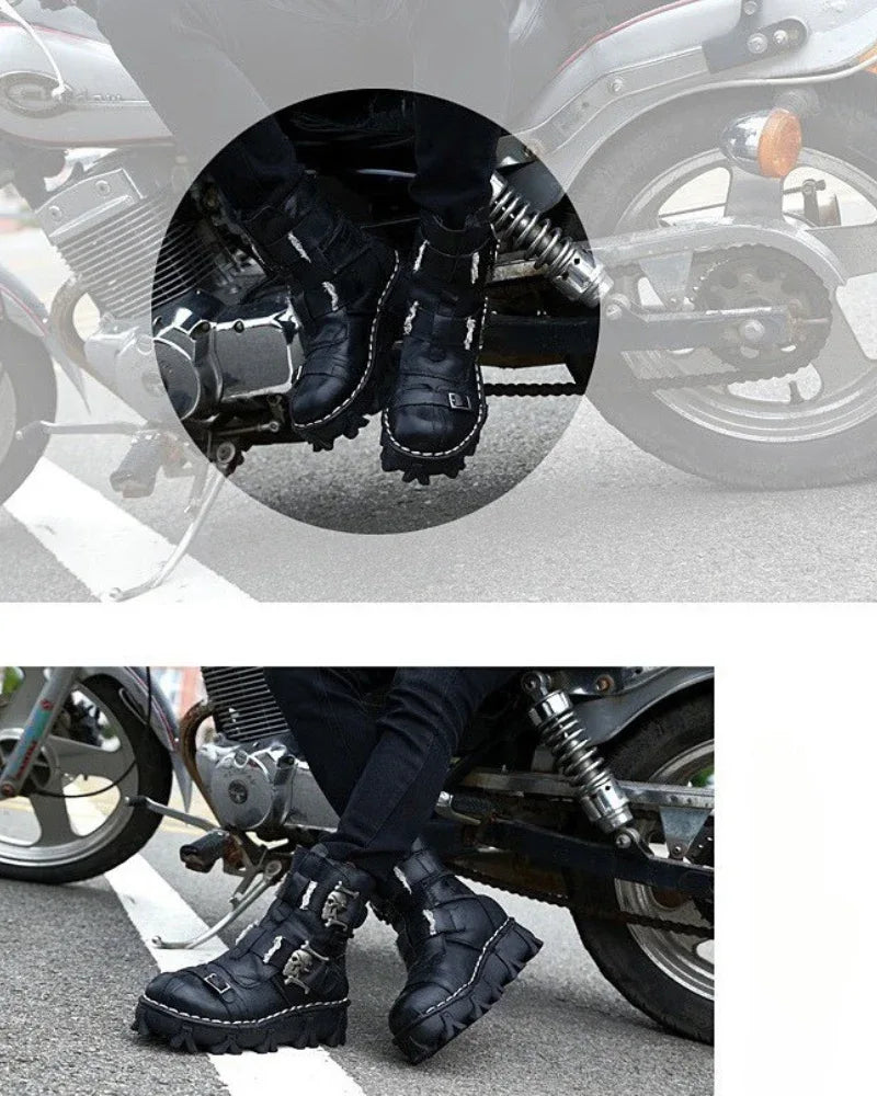 Bold Skull Biker Boots -  leather boots - Skull Design Biker Boots for Unisex Riders