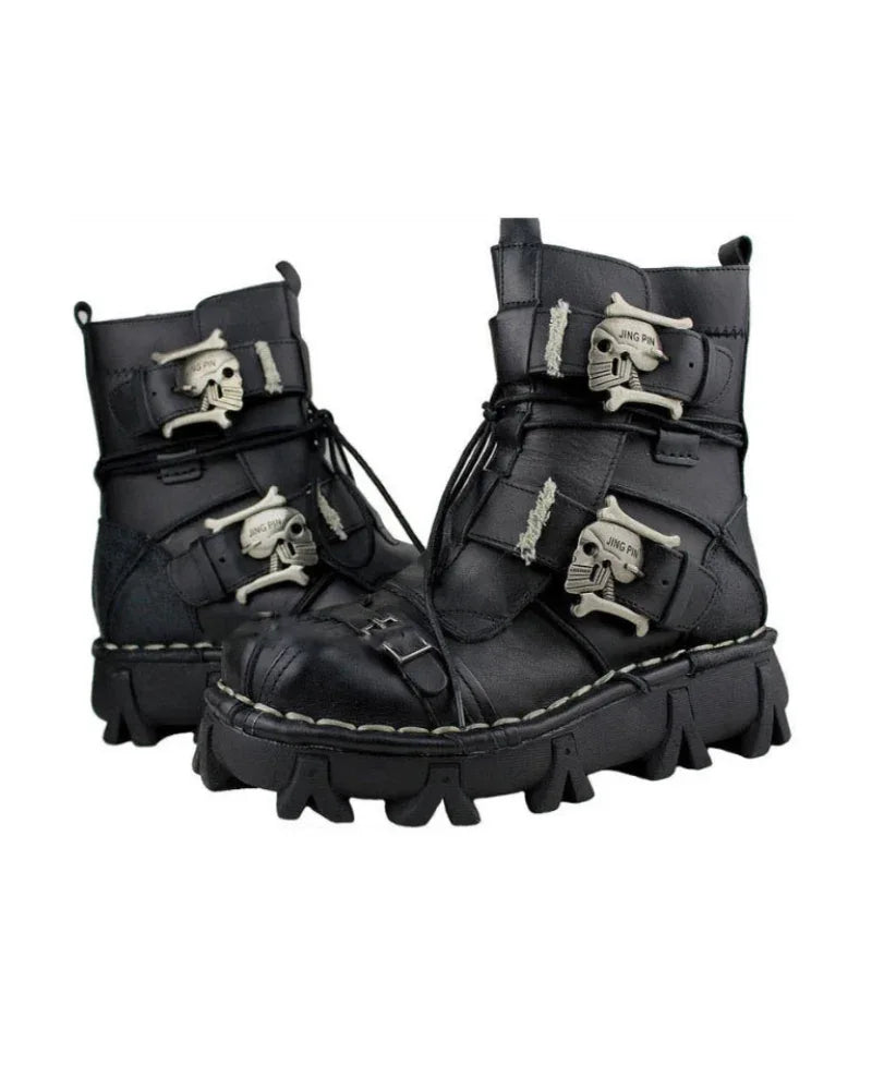 Bold Skull Biker Boots - unisex skull punk boots - Skull Design Biker Boots for Unisex Riders