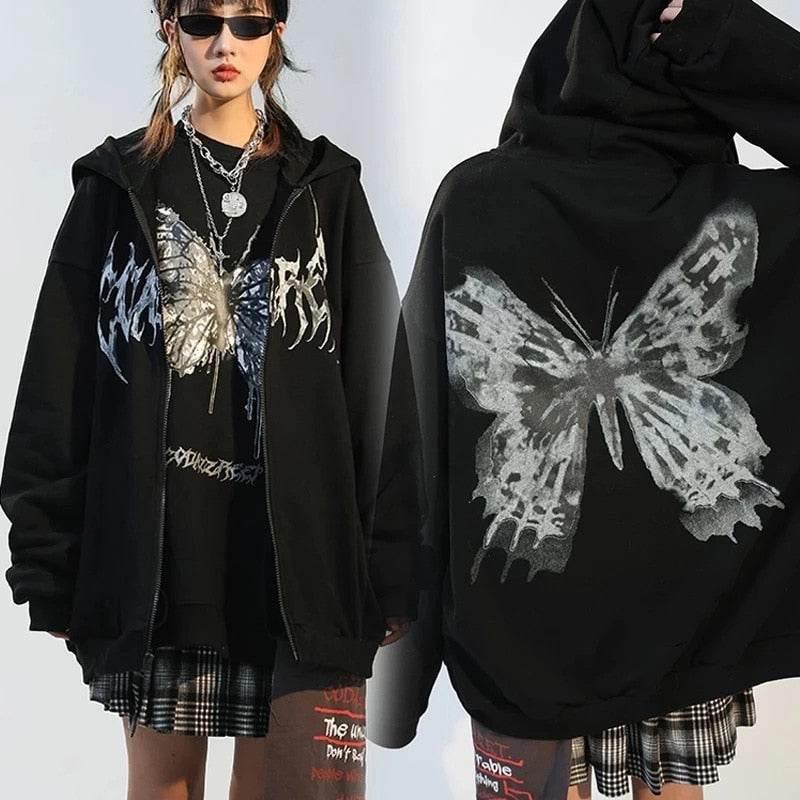 Butterfly Sweatshirt - y2k-core - Y2K Butterfly Zipped Sweatshirt for Comfortable Style