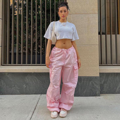 Cargo parachute pink - high-quality cotton pants - Pink Cargo Parachute Pants for Trendy Style