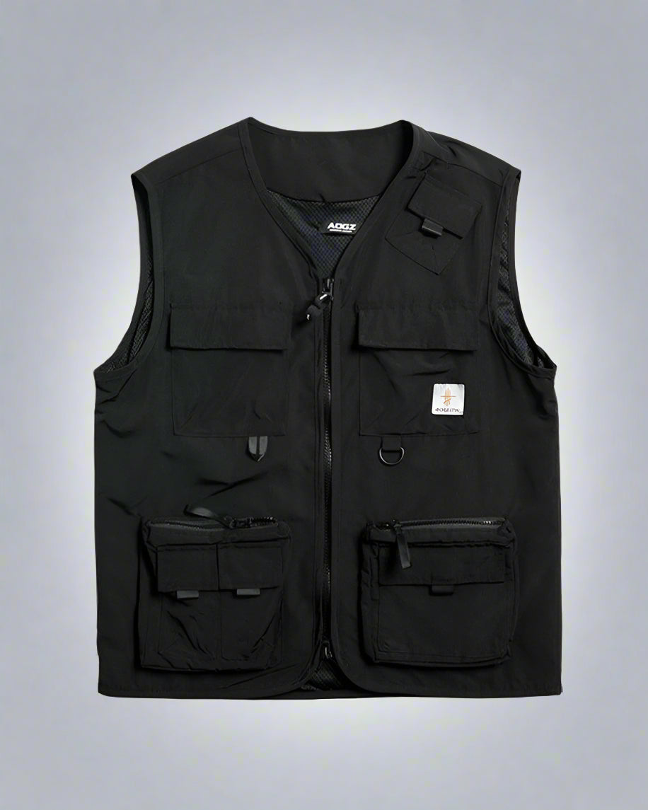 Multi-Pocket Black Sleeveless Vest