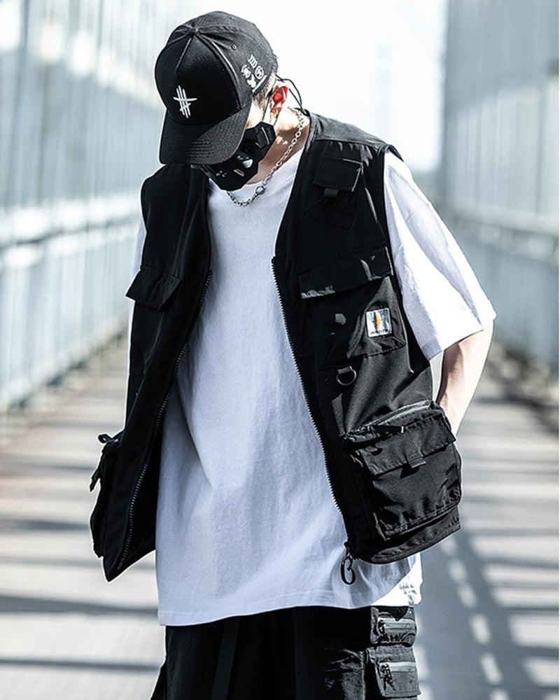 Multi-Pocket Black Sleeveless Vest