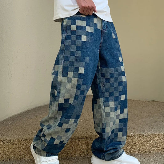 Checkered Pixel Jean - retro denim - Y2K Checkered Pixel Denim Jeans for Comfort