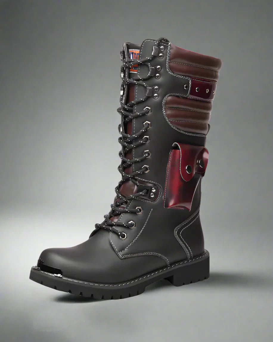 Chic Black Knee-High Stunners - high-cut motorcycle boots - Punk Lace-Up High-Cut Motorcycle Boots