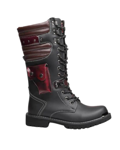 Chic Black Knee-High Stunners - high-cut motorcycle boots - Punk Lace-Up High-Cut Motorcycle Boots