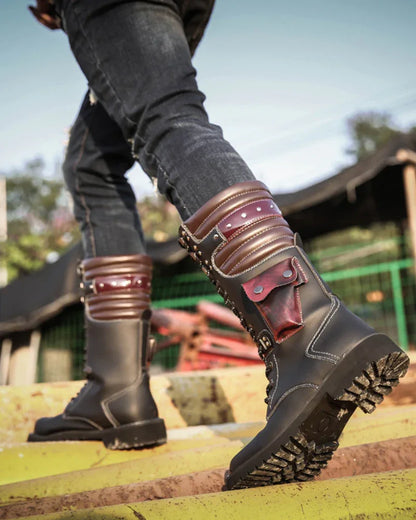 Chic Black Knee-High Stunners -  knee-high boots - Punk Lace-Up High-Cut Motorcycle Boots