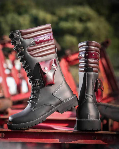 Chic Black Knee-High Stunners -  lace-up boots - Punk Lace-Up High-Cut Motorcycle Boots