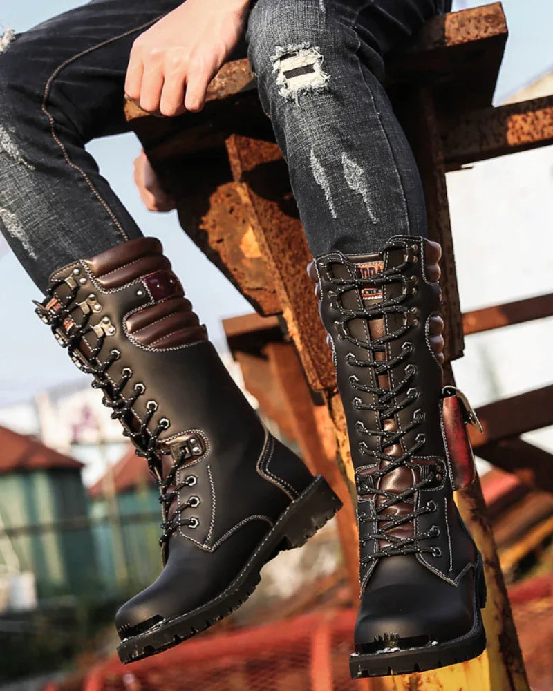 Chic Black Knee-High Stunners - motorcycle boots - Punk Lace-Up High-Cut Motorcycle Boots