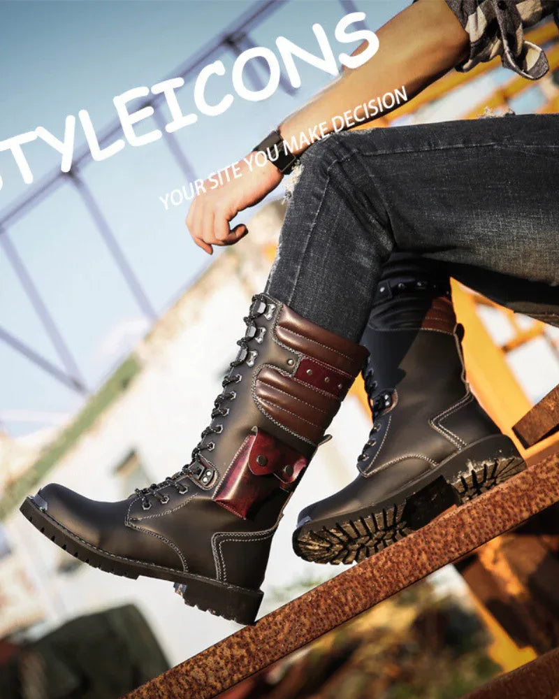 Chic Black Knee-High Stunners -  punk style - Punk Lace-Up High-Cut Motorcycle Boots