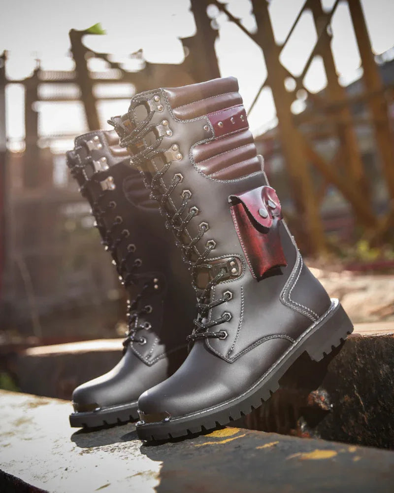 Chic Black Knee-High Stunners -  streetwear footwear - Punk Lace-Up High-Cut Motorcycle Boots