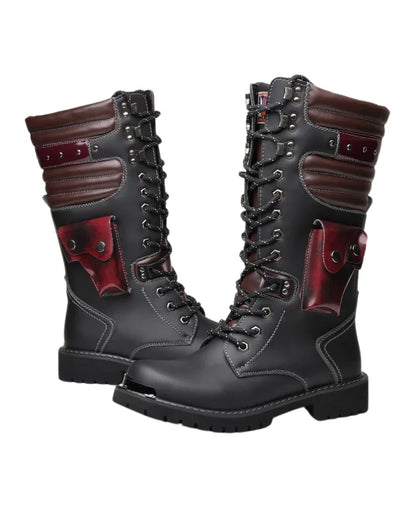 Chic Black Knee-High Stunners -  unisex footwear - Punk Lace-Up High-Cut Motorcycle Boots