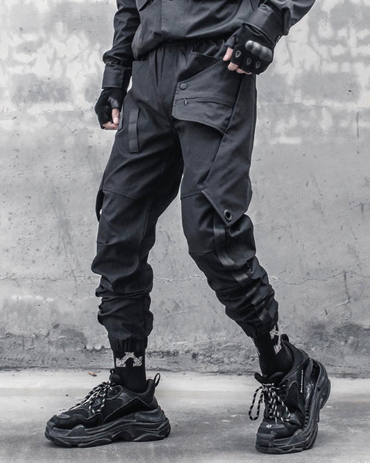 Chic Black Patchwork Cargo Trousers - black trousers - Stylish Black Patchwork Cargo Trousers for All