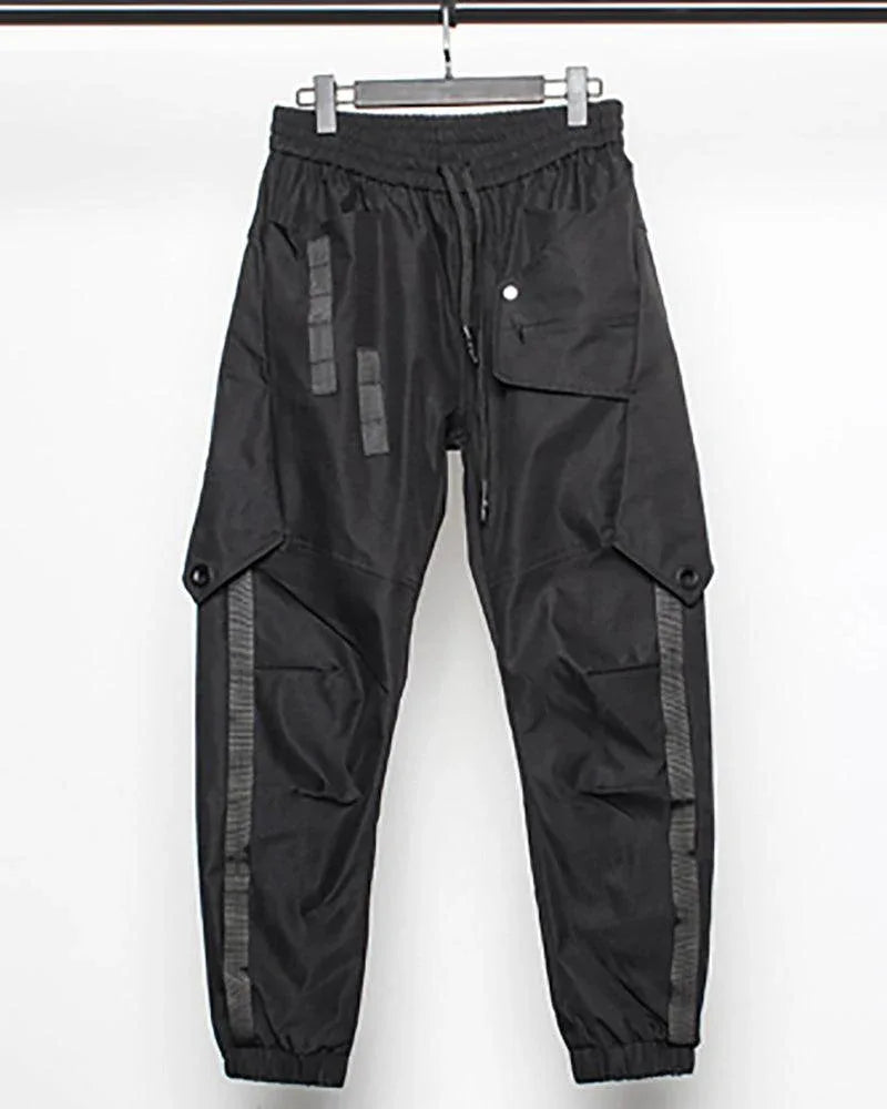 Chic Black Patchwork Cargo Trousers - black trousers - Stylish Black Patchwork Cargo Trousers for All
