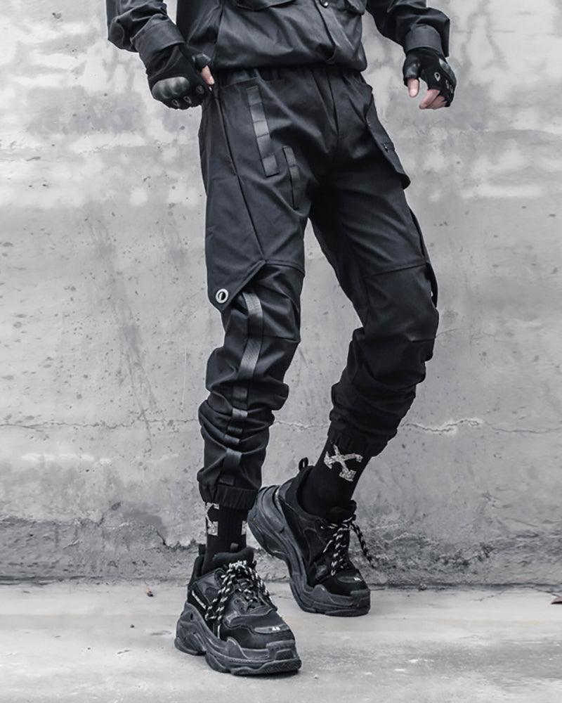 Chic Black Patchwork Cargo Trousers - techwear-core - Stylish Black Patchwork Cargo Trousers for All