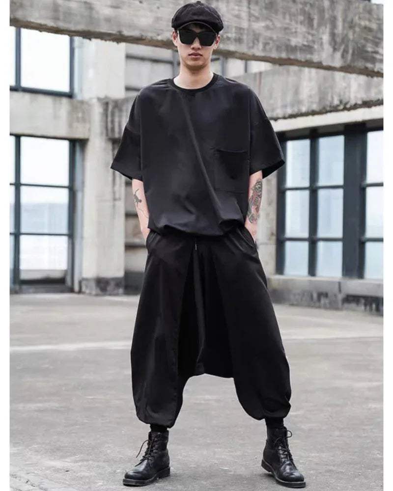 Chic Black Techwear Hakama Pants -  black pants - Chic Black Techwear Hakama Pants for Modern Style
