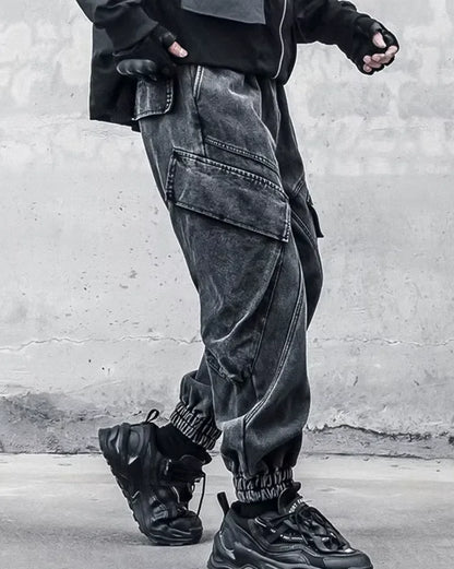 Chic Black Washed Trousers -  cargo pockets - Chic Black Washed Trousers for Modern Style
