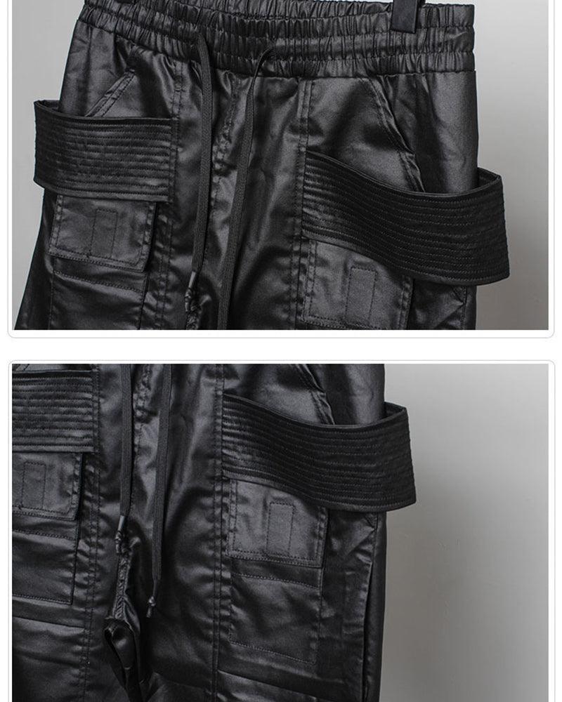 Chic Black Waxed Cargo Trousers -  black pants - Chic Black Waxed Cargo Trousers for Everyday Wear