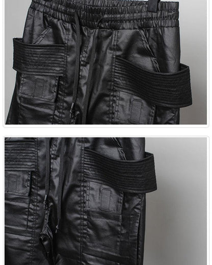 Chic Black Waxed Cargo Trousers -  black pants - Chic Black Waxed Cargo Trousers for Everyday Wear