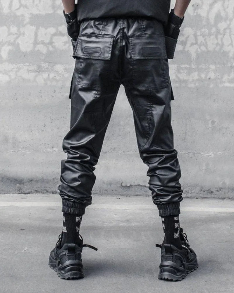 Chic Black Waxed Cargo Trousers -  black pants - Chic Black Waxed Cargo Trousers for Everyday Wear