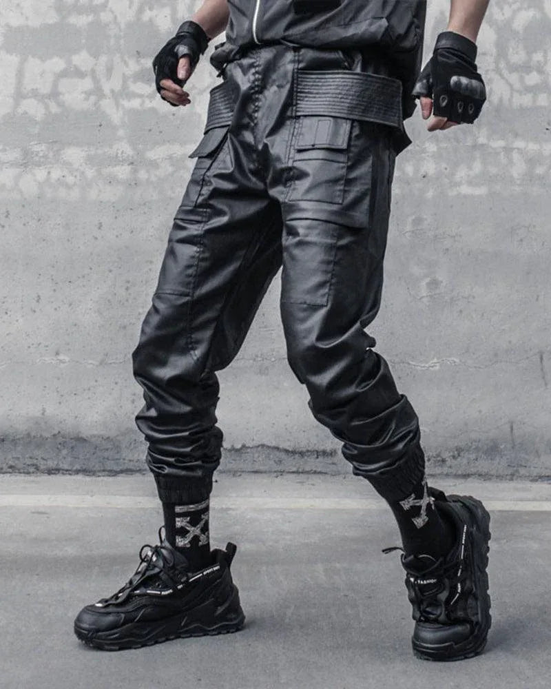 Chic Black Waxed Cargo Trousers - cargo trousers - Chic Black Waxed Cargo Trousers for Everyday Wear