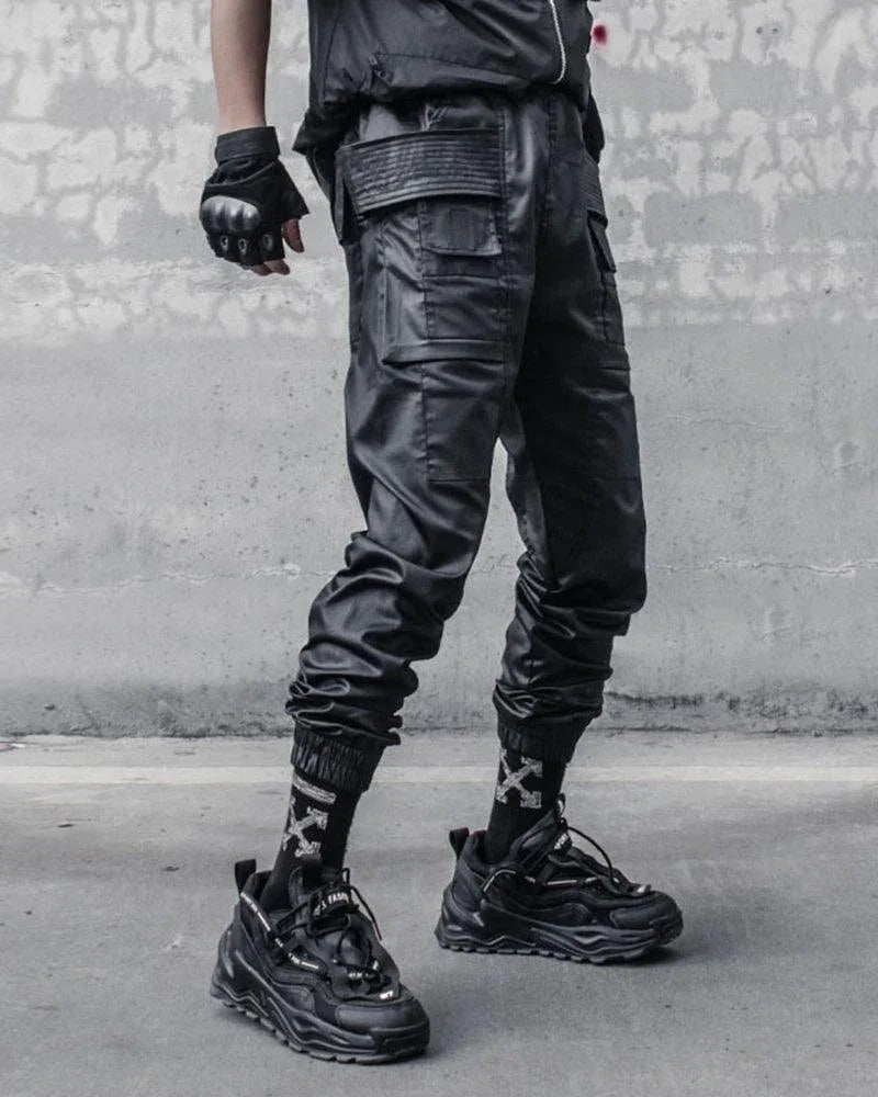 Chic Black Waxed Cargo Trousers -  durable black trousers - Chic Black Waxed Cargo Trousers for Everyday Wear