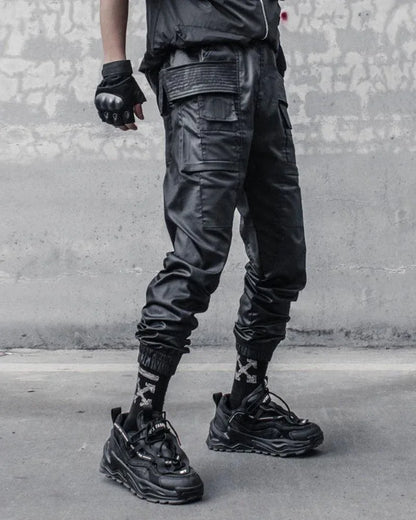 Chic Black Waxed Cargo Trousers -  durable black trousers - Chic Black Waxed Cargo Trousers for Everyday Wear