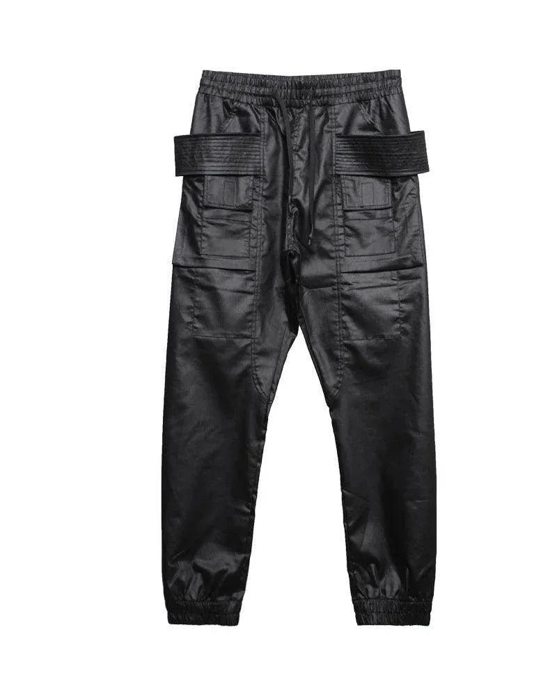 Chic Black Waxed Cargo Trousers -  waxed trousers - Chic Black Waxed Cargo Trousers for Everyday Wear