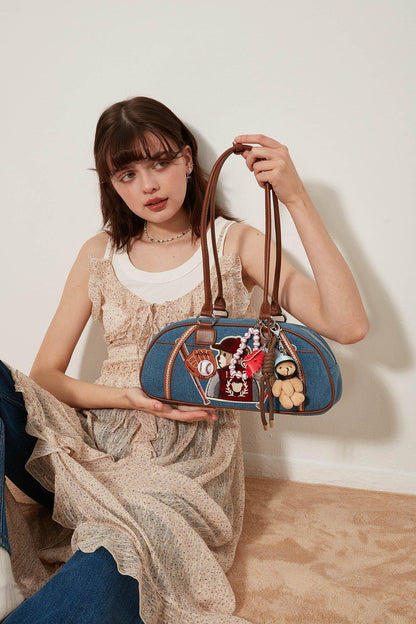 Chic Denim Teddy Bowling Tote -  bowling bag - Chic Denim Teddy Bowling Tote Bag for Everyday Use