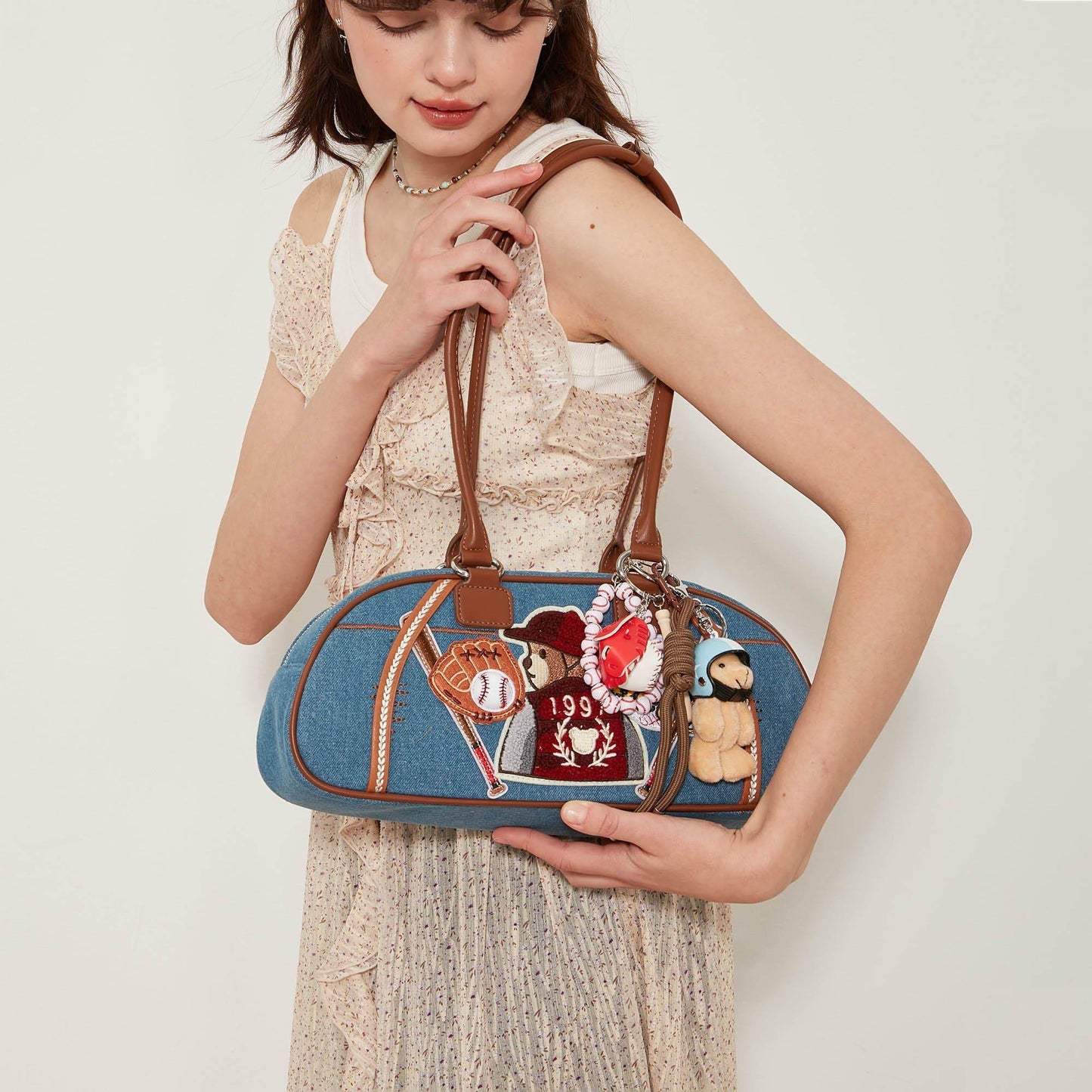 Chic Denim Teddy Bowling Tote - denim bowling tote - Chic Denim Teddy Bowling Tote Bag for Everyday Use