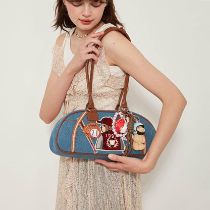 Chic Denim Teddy Bowling Tote - denim bowling tote - Chic Denim Teddy Bowling Tote Bag for Everyday Use