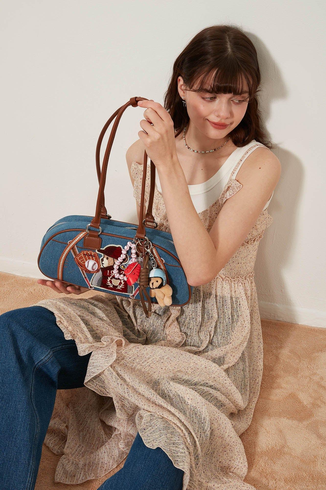 Chic Denim Teddy Bowling Tote - denim bowling tote - Chic Denim Teddy Bowling Tote Bag for Everyday Use