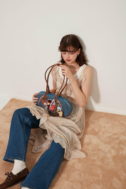 Chic Denim Teddy Bowling Tote -  fashionable tote bag - Chic Denim Teddy Bowling Tote Bag for Everyday Use