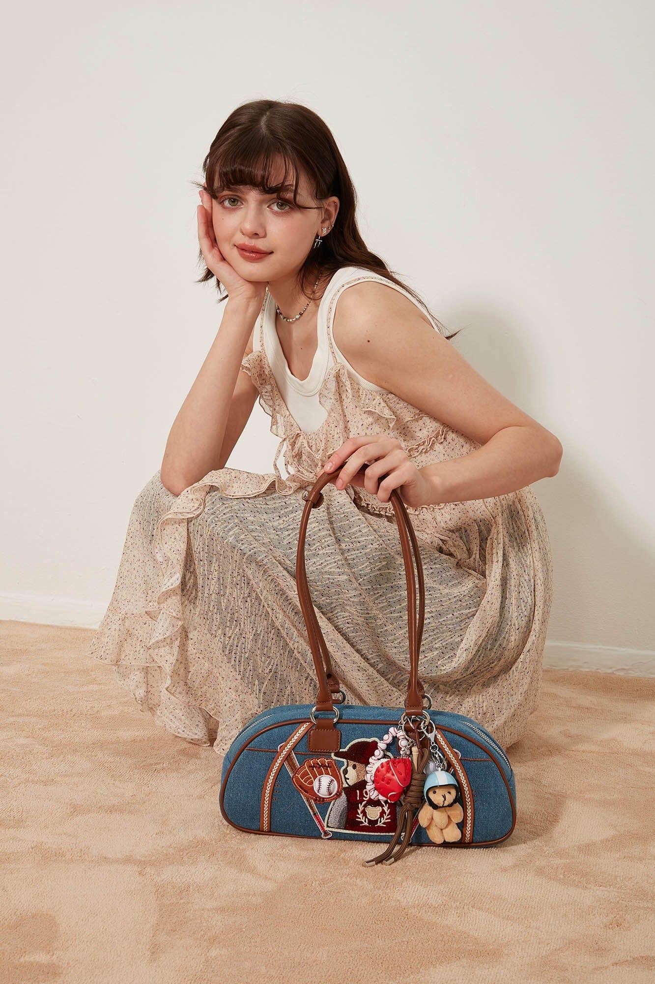 Chic Denim Teddy Bowling Tote -  stylish bag - Chic Denim Teddy Bowling Tote Bag for Everyday Use
