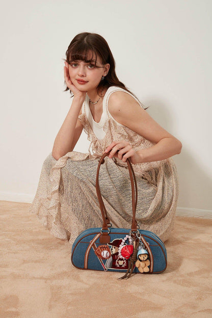 Chic Denim Teddy Bowling Tote -  stylish bag - Chic Denim Teddy Bowling Tote Bag for Everyday Use