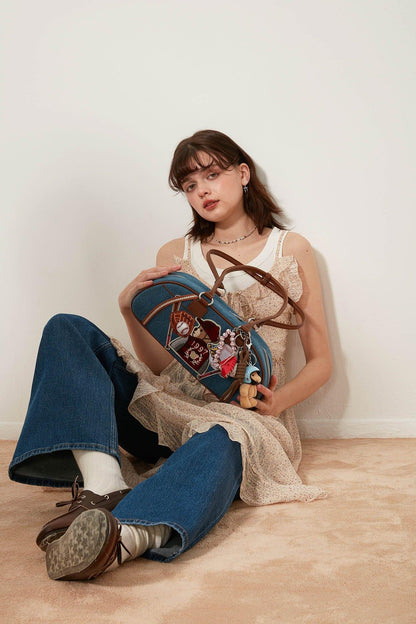 Chic Denim Teddy Bowling Tote -  varsity bag - Chic Denim Teddy Bowling Tote Bag for Everyday Use